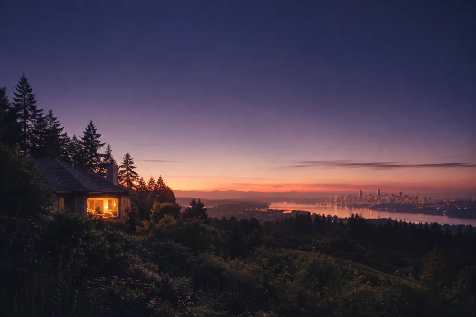 A warmly lit home and a distant city under the same evening sky